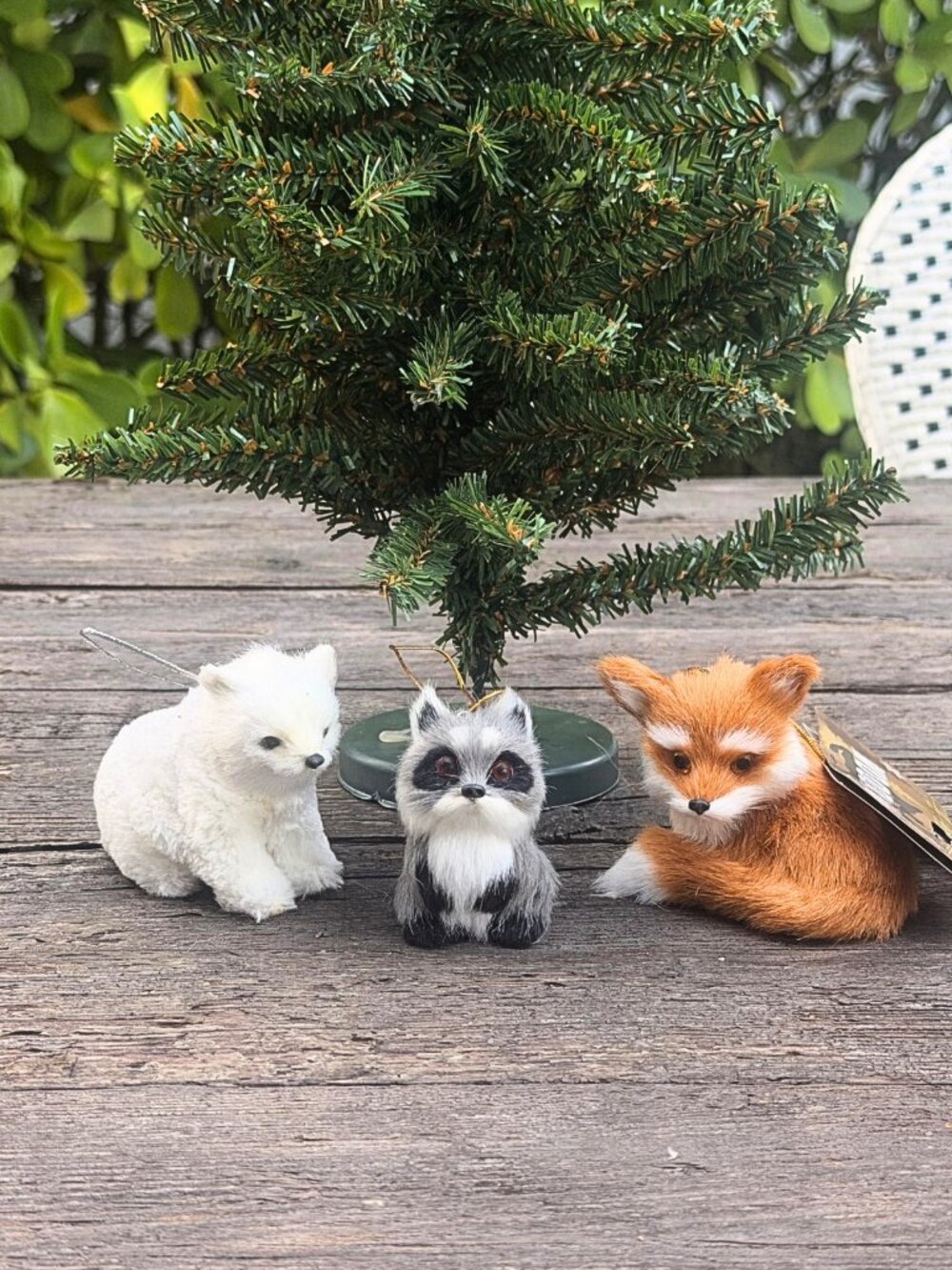 Lot of 3 Woodland Animal Faux Fur Christmas Ornaments Red White Fox & Raccoon